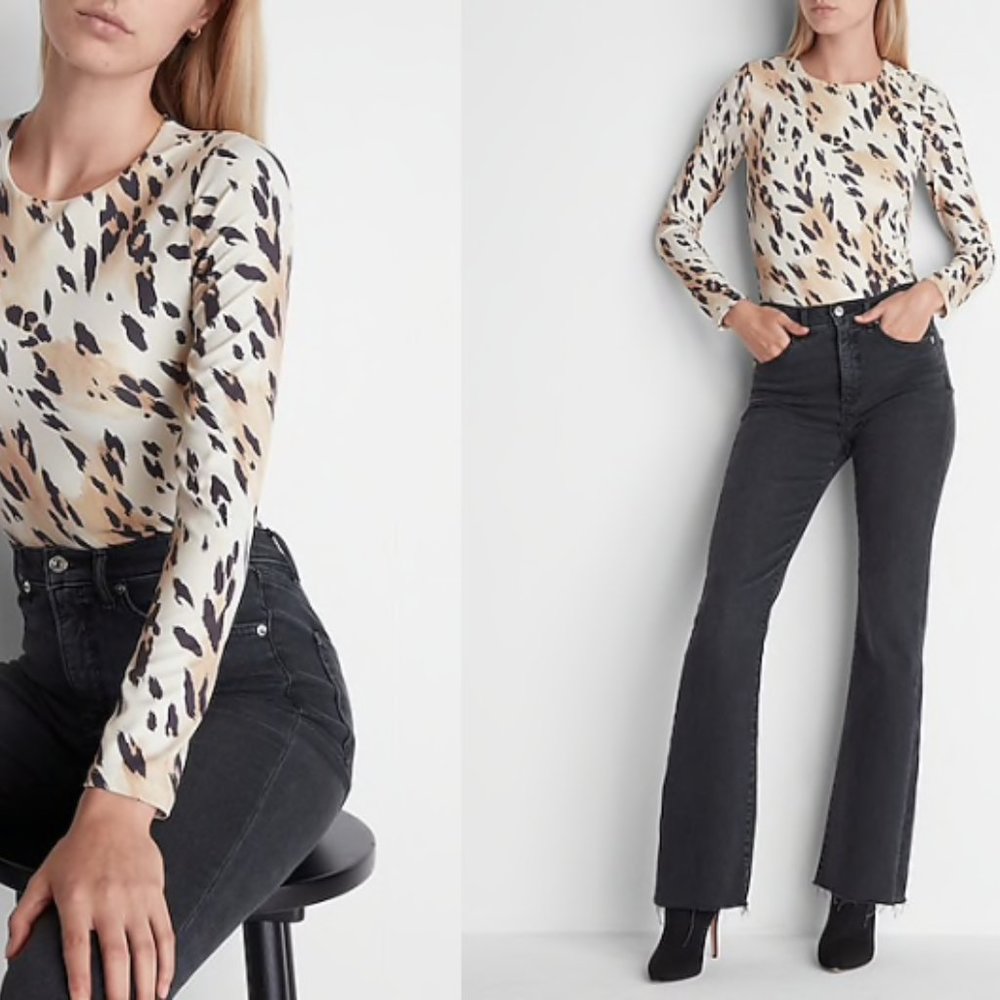 NWT Express Body Contour Leopard Print Long Sleeve Thong Bodysuit - Size Medium